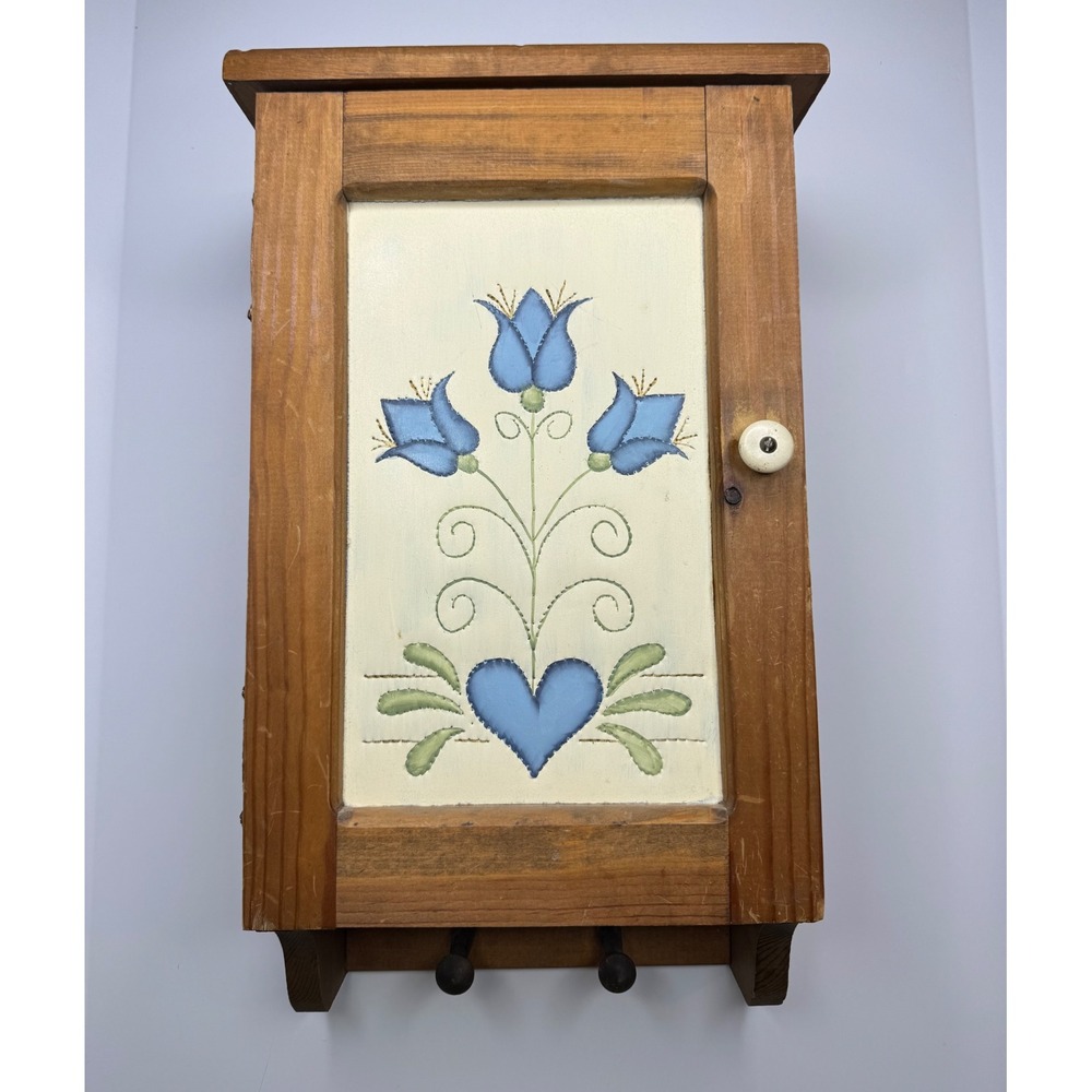 Vintage Folk Art Wood Wall Medicine Cabinet Blue Tulip Heart Key Jewelry Holder